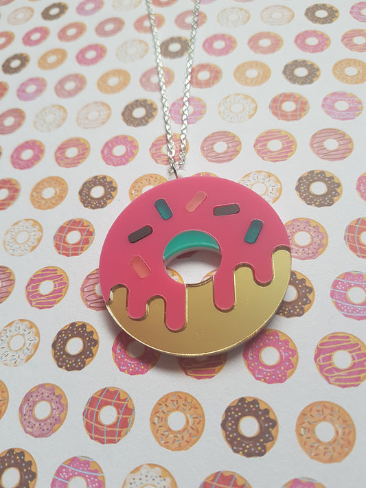 Doughnut Necklace | Layered Acrylic Pendant | Silver Plated Chain Jewellery | Fun Kawaii Statement Necklace