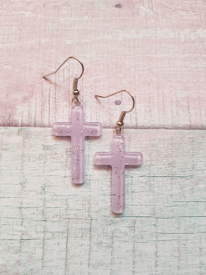 pastel glitter cross earrings - lilac
