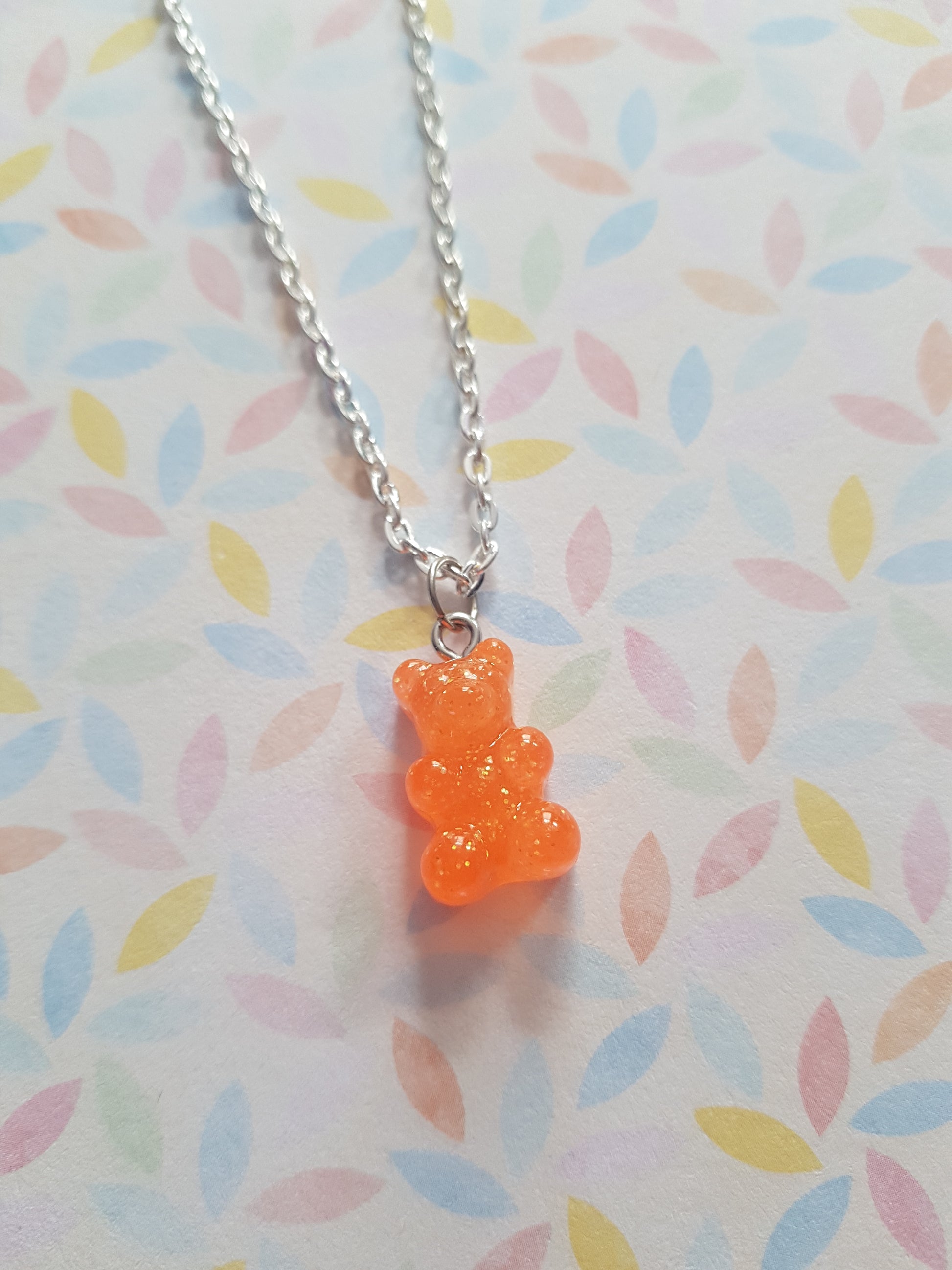 neon glitter gummy bear necklace - orange 