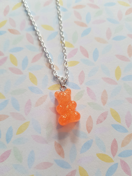 neon glitter gummy bear necklace - orange 