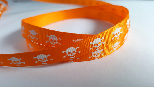 3m printed grosgrain ribbon - 9mm - skull & crossbones - orange