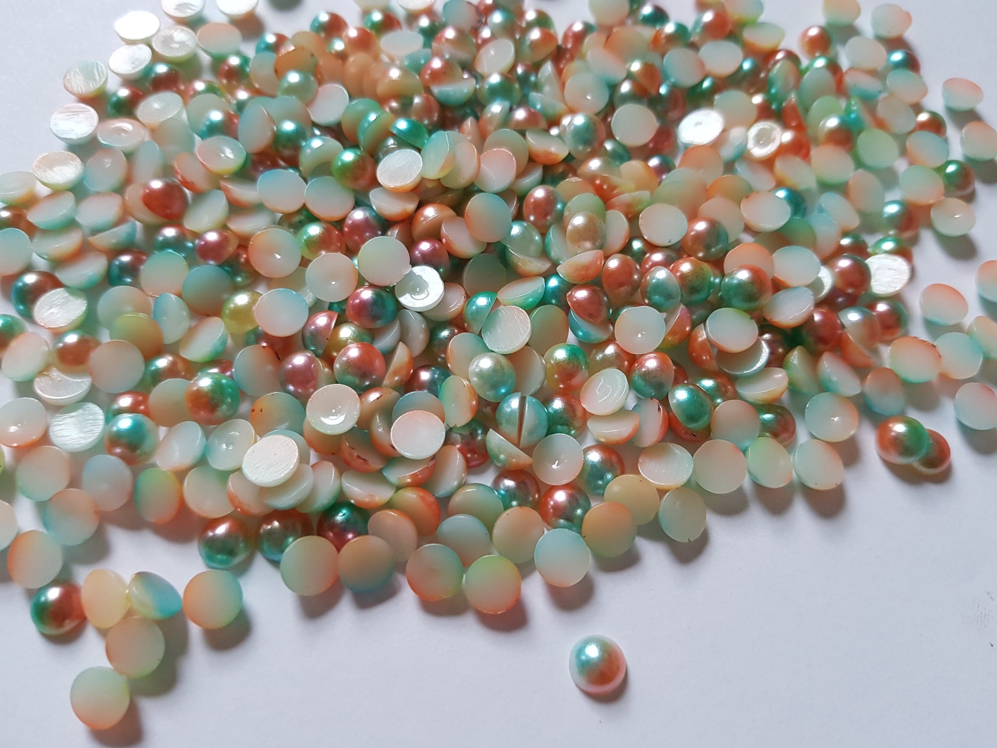 6mm 2-tone acrylic pearl cabochons - orange/blue/green