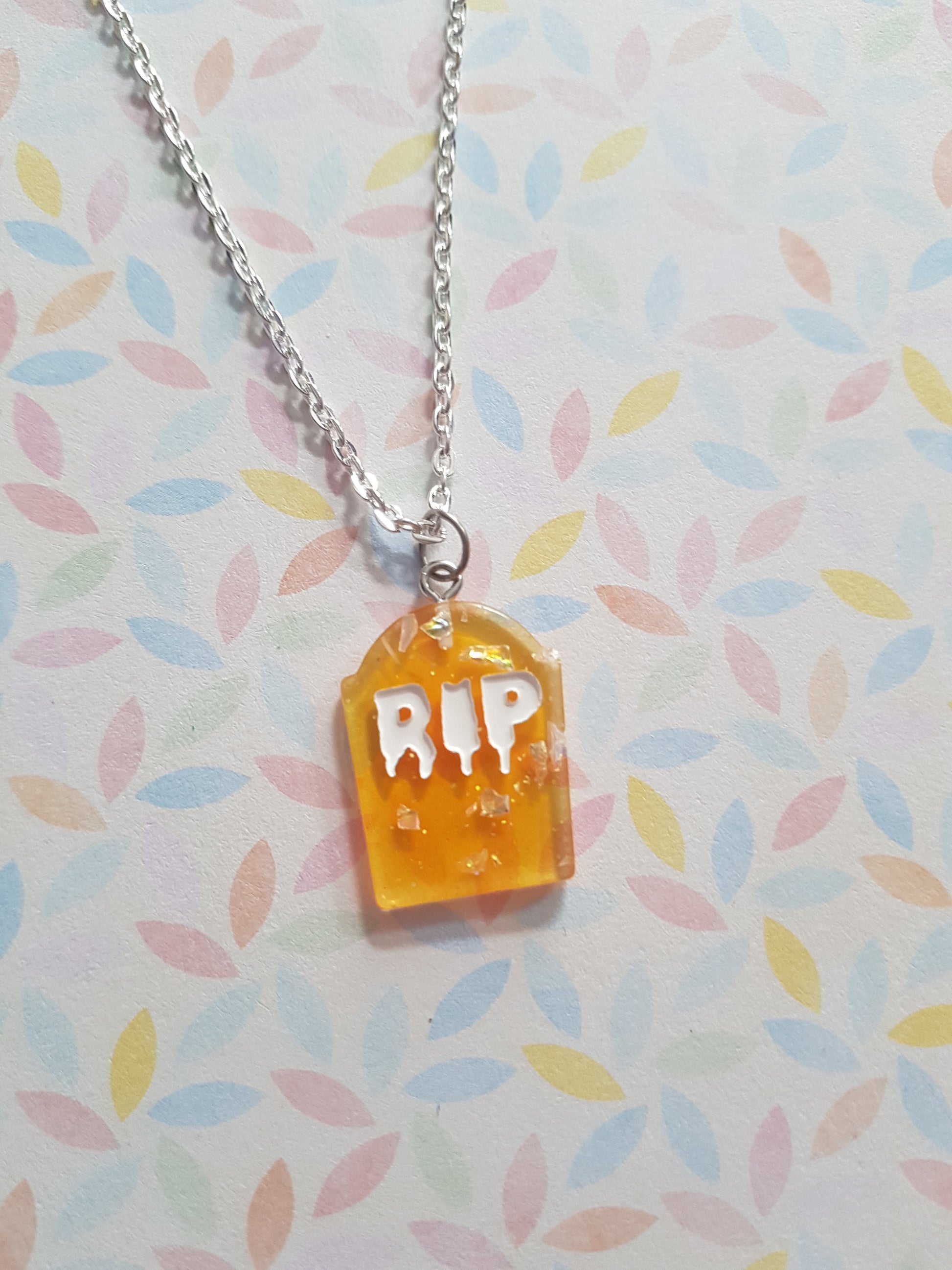 resin gravestone necklace - orange (foil)