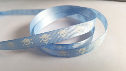 3m printed grosgrain ribbon - 9mm - skull & crossbones - pale blue 