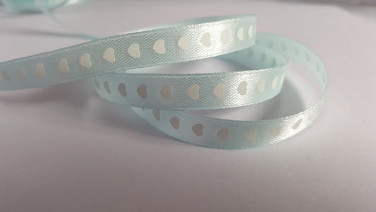 3m printed satin ribbon - 10mm - hearts - pale blue