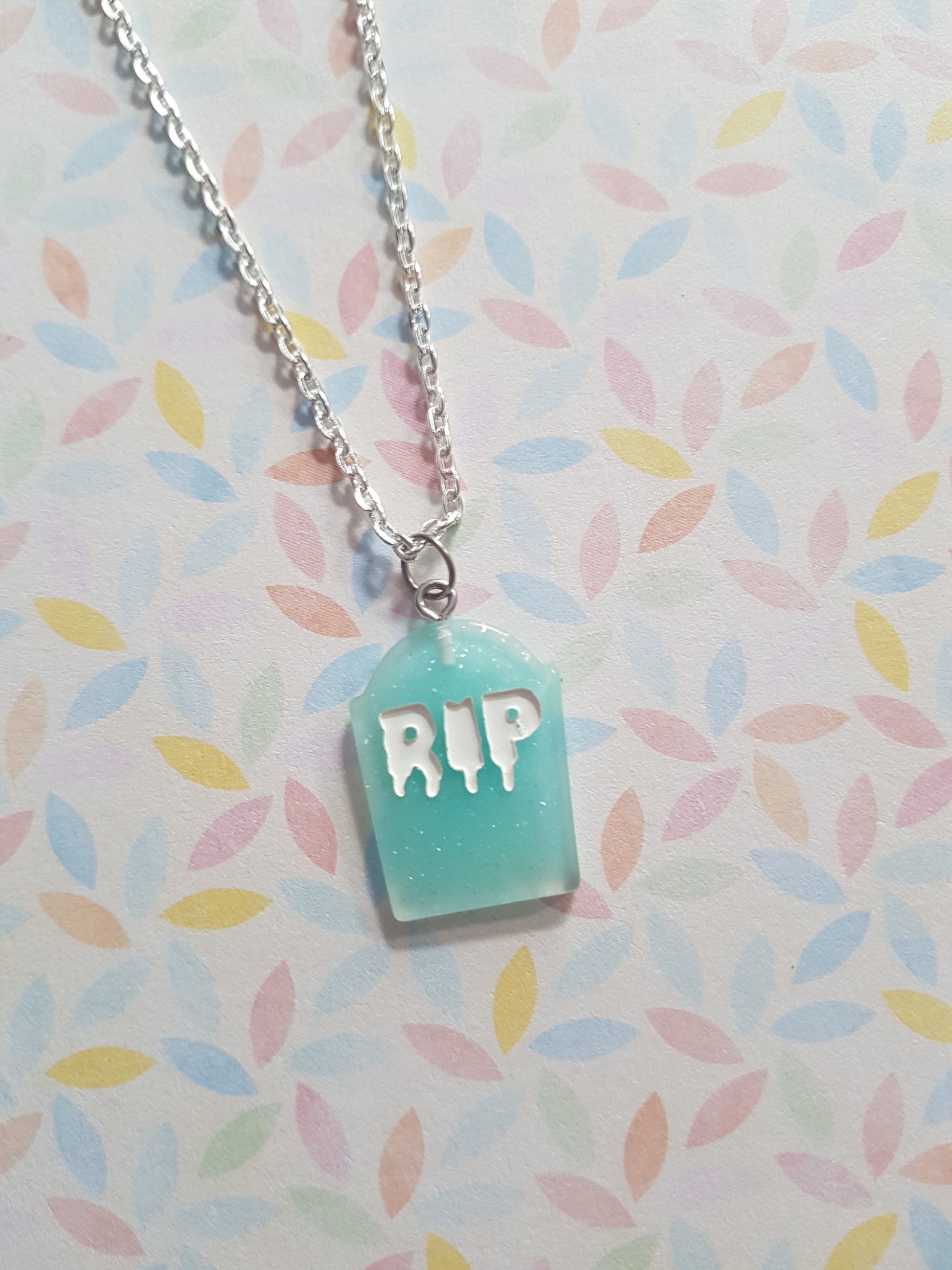 resin gravestone necklace - pale blue (glitter)