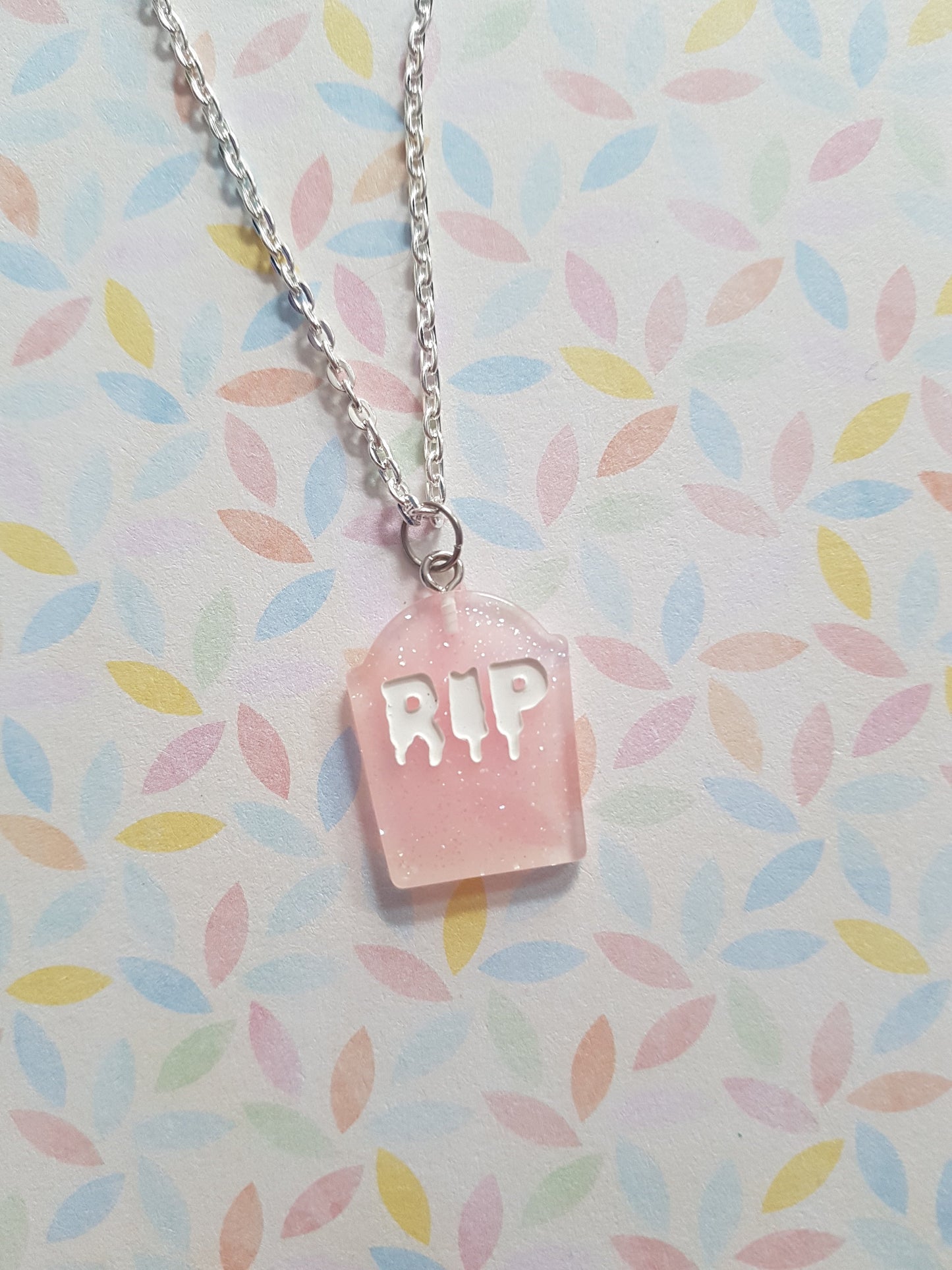 resin gravestone necklace - pale pink (glitter)