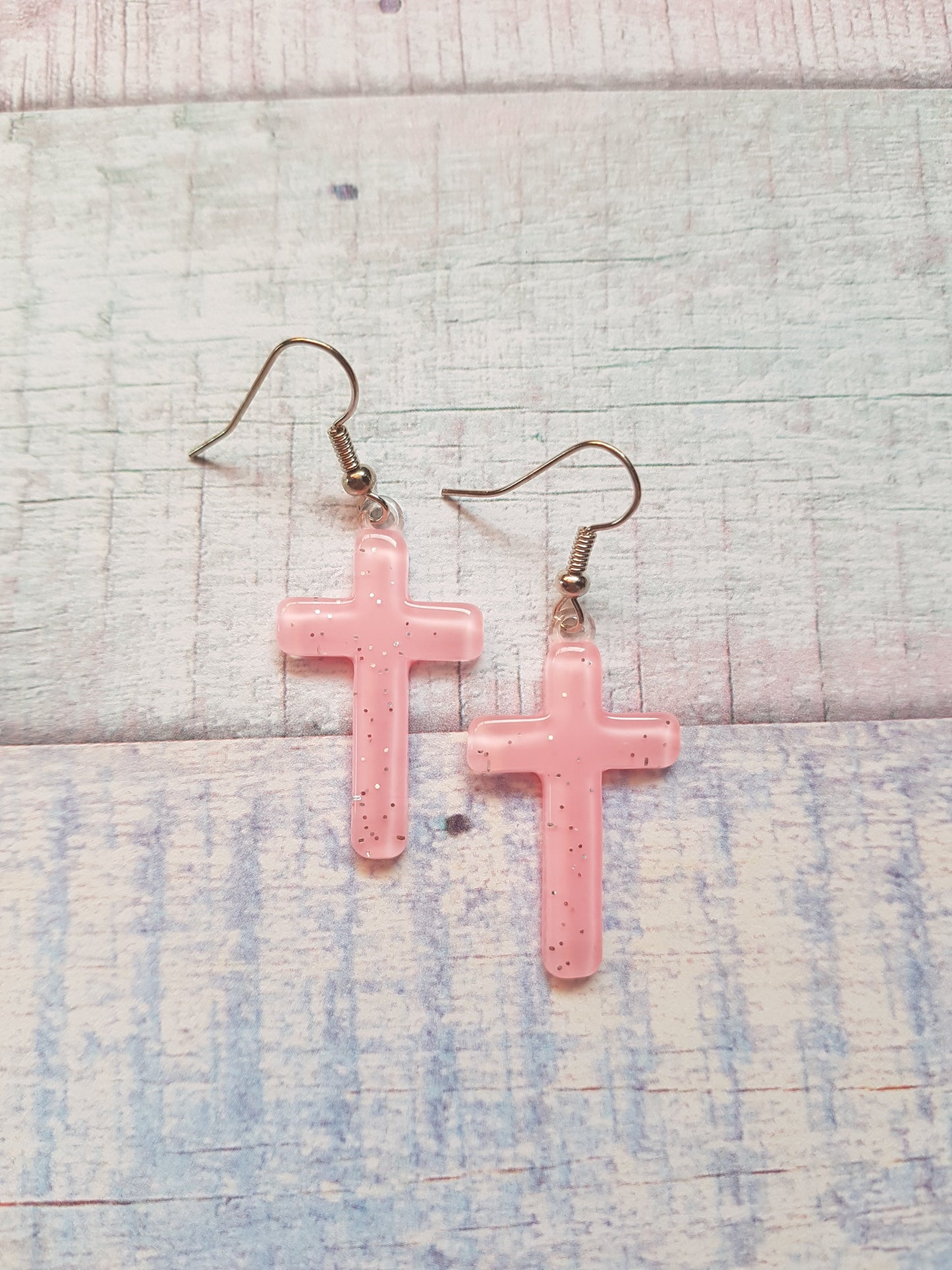 pastel glitter cross earrings  - pale pink