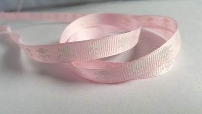 3m printed grosgrain ribbon - 9mm - skull & crossbones - pale pink