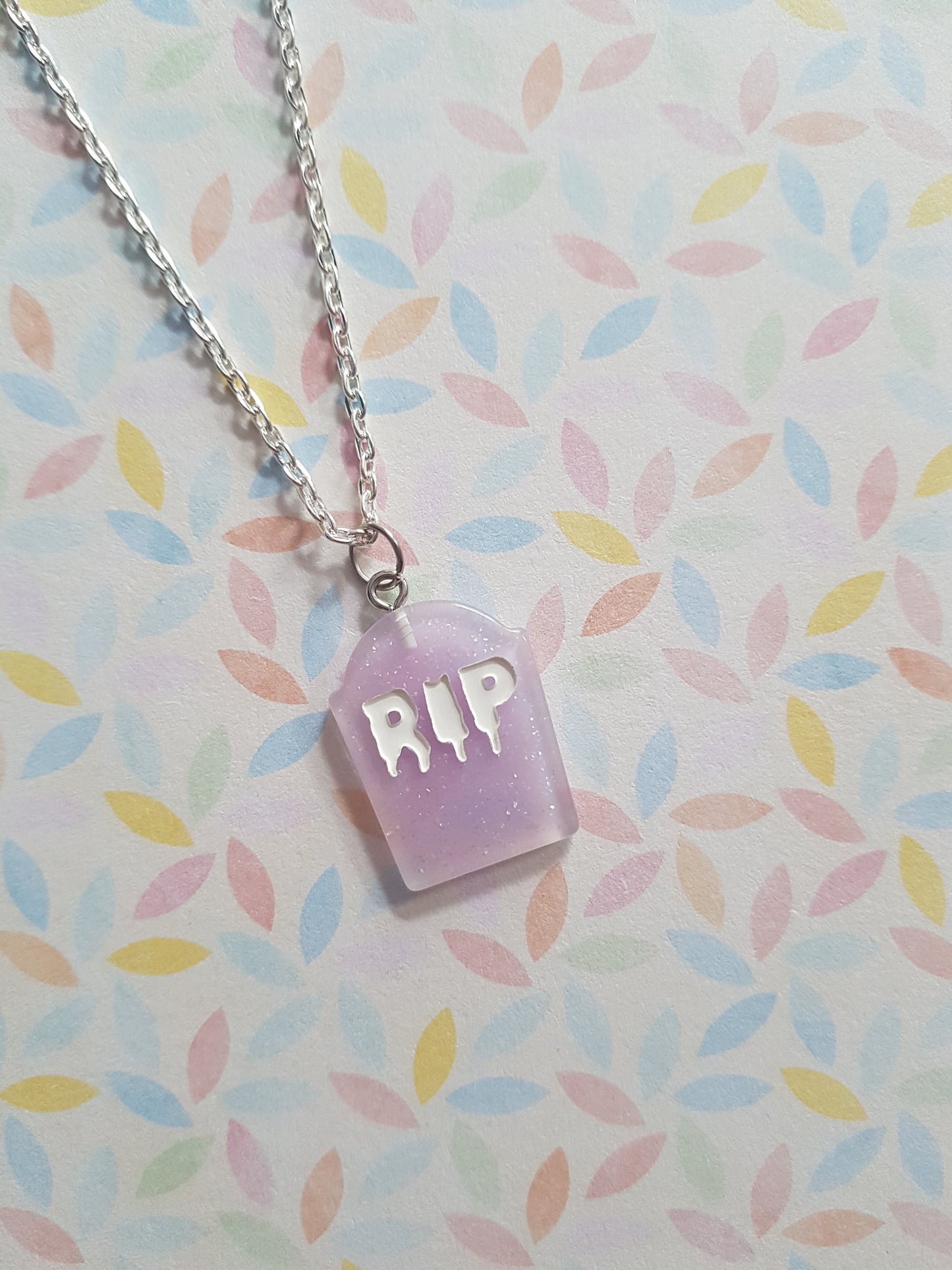 resin gravestone necklace - pale purple (glitter)