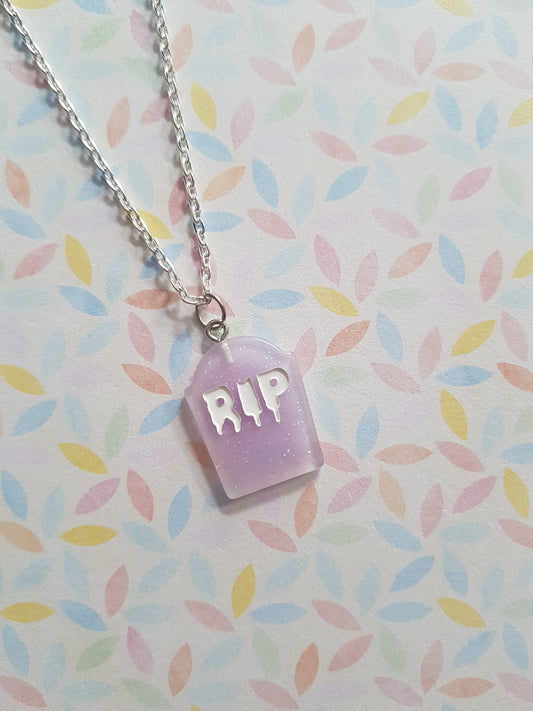 resin gravestone necklace - pale purple (glitter)