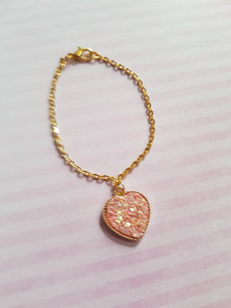 druzy heart charm bracelet - pink