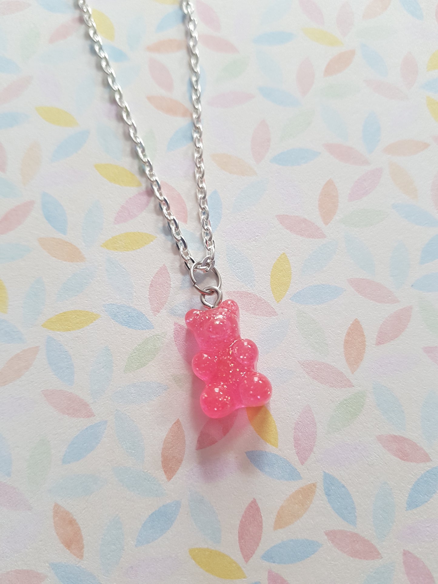 neon glitter gummy bear necklace - pink