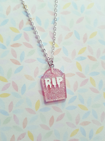 resin gravestone necklace - pink (glitter)