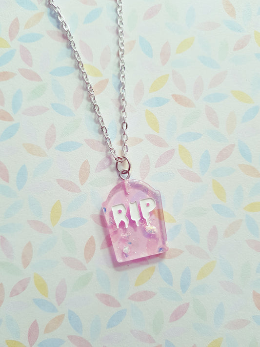 resin gravestone necklace - pink (foil)