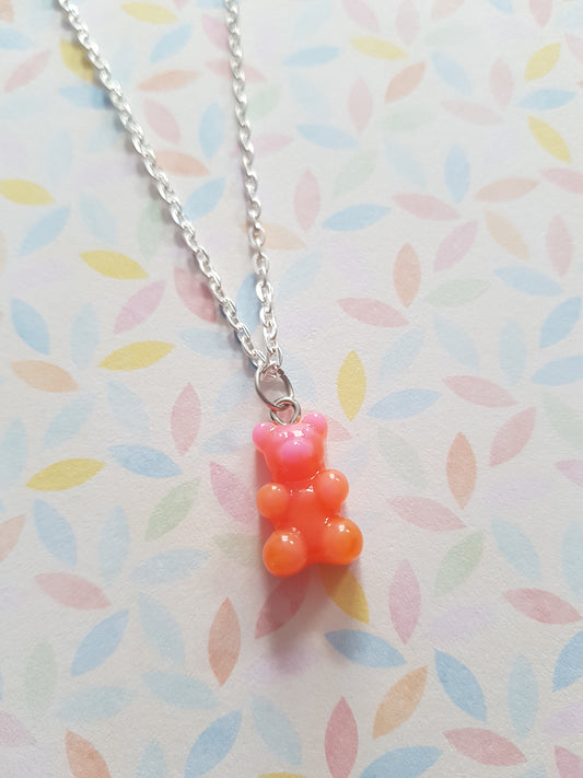 neon glitter gummy bear necklace - pink & orange