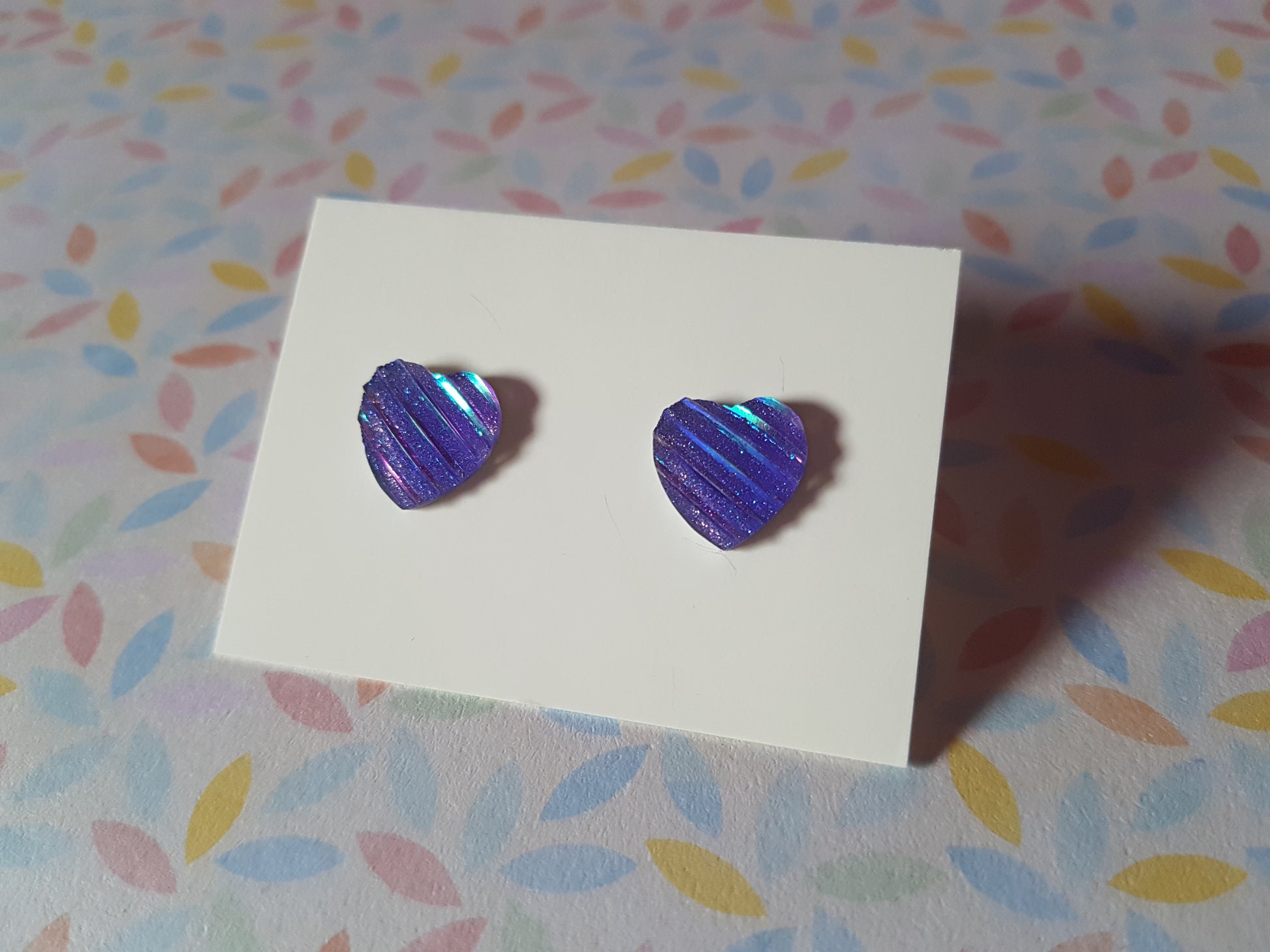 druzy striped stud earrings - heart - purple