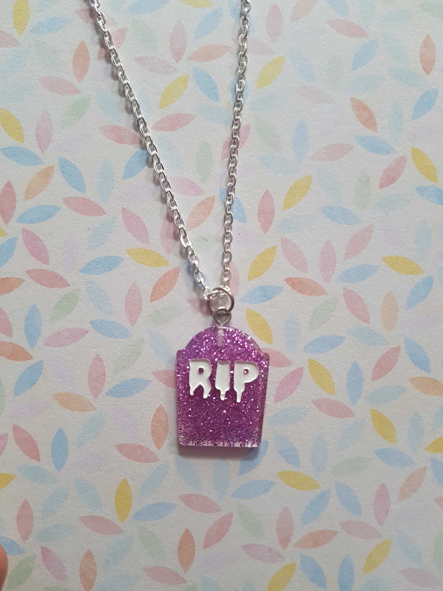 resin gravestone necklace - purple (glitter)