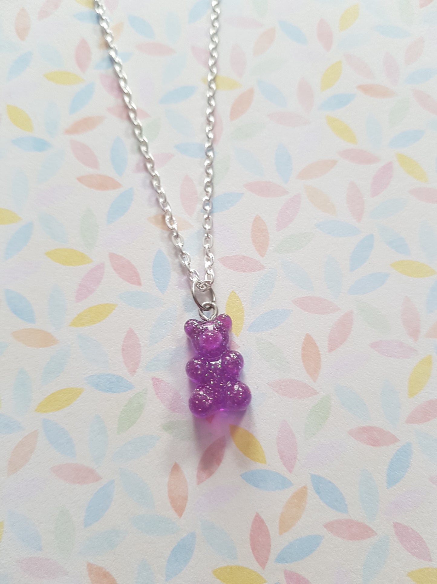 neon glitter gummy bear necklace - purple