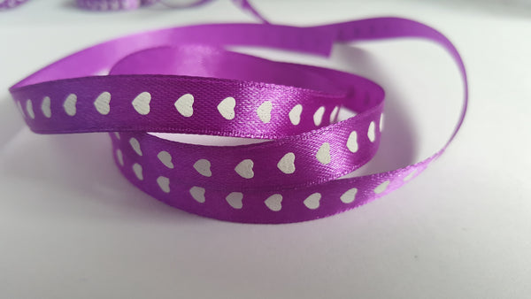 3m printed satin ribbon - 10mm - hearts - purple