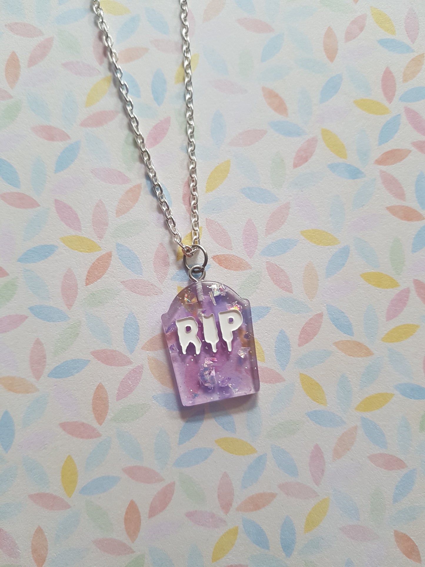 resin gravestone necklace - purple (foil)