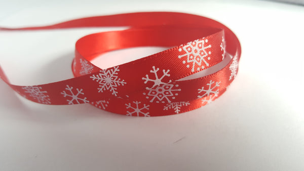 3m roll printed satin ribbon - 9mm - snowflakes - red