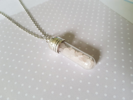 rose quartz chips bottle necklace