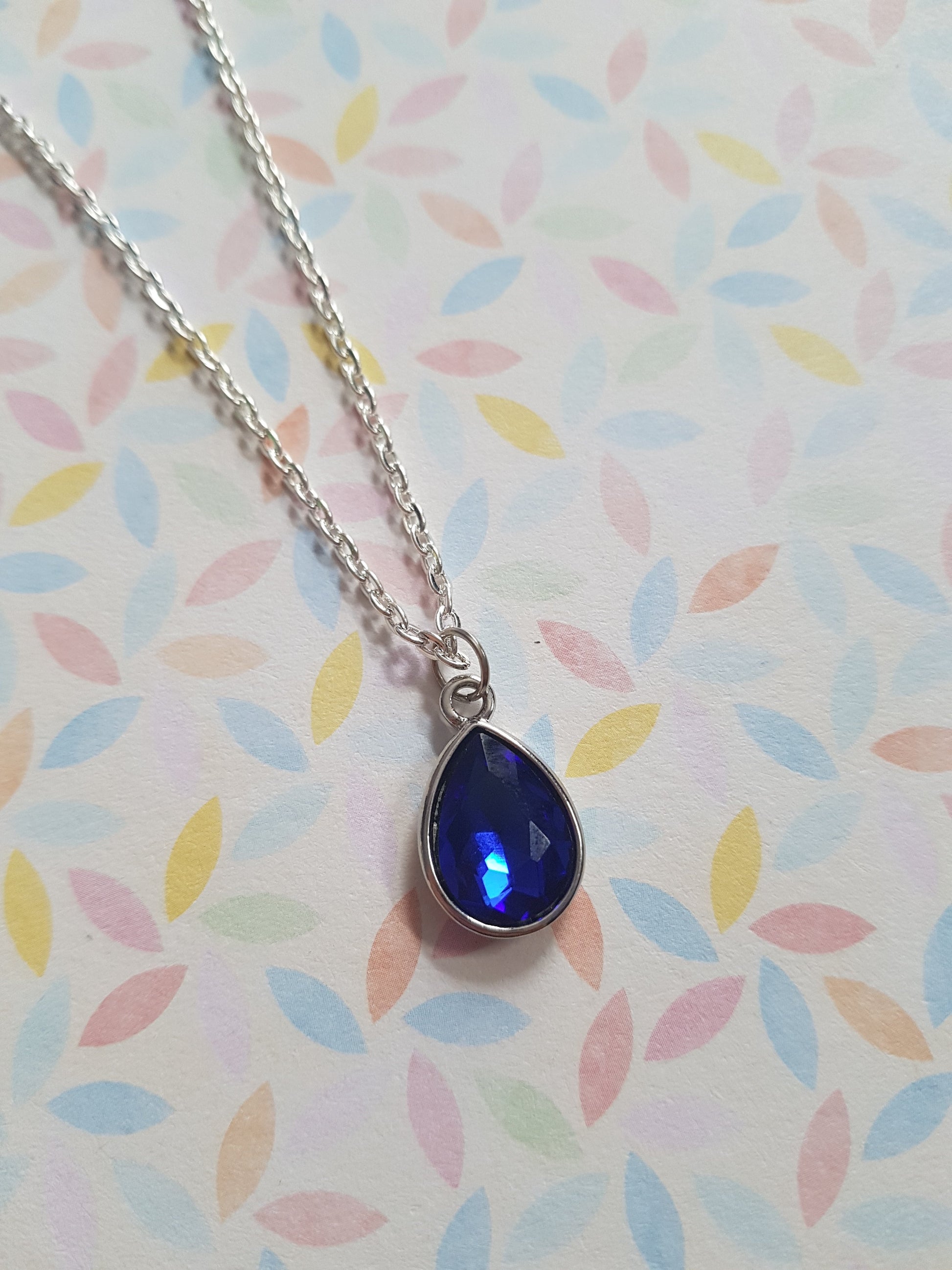 faceted glass drop necklace - sapphire blue