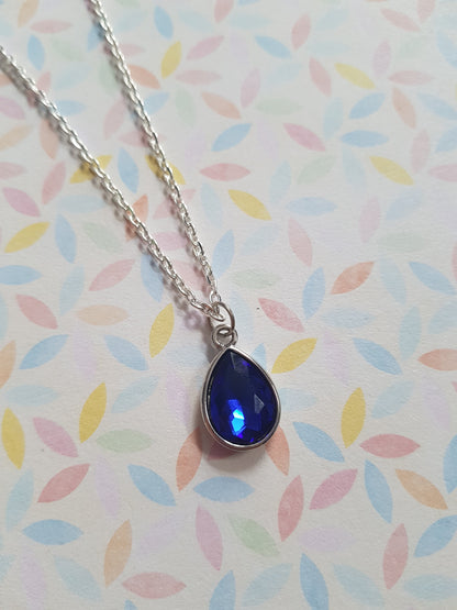 faceted glass drop necklace - sapphire blue