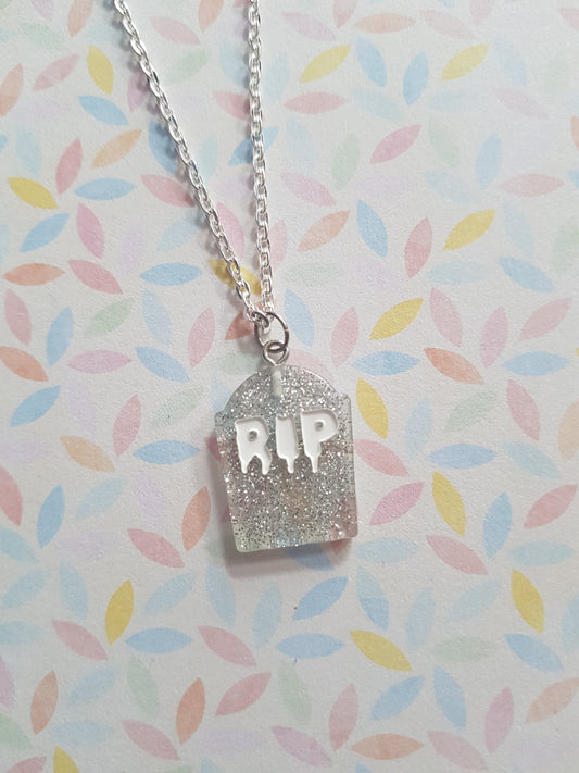 resin gravestone necklace - silver (glitter)