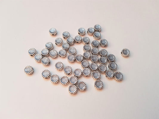 50 x Metal Spacer Beads - 5.5mm - Sunflower - Silver Plated