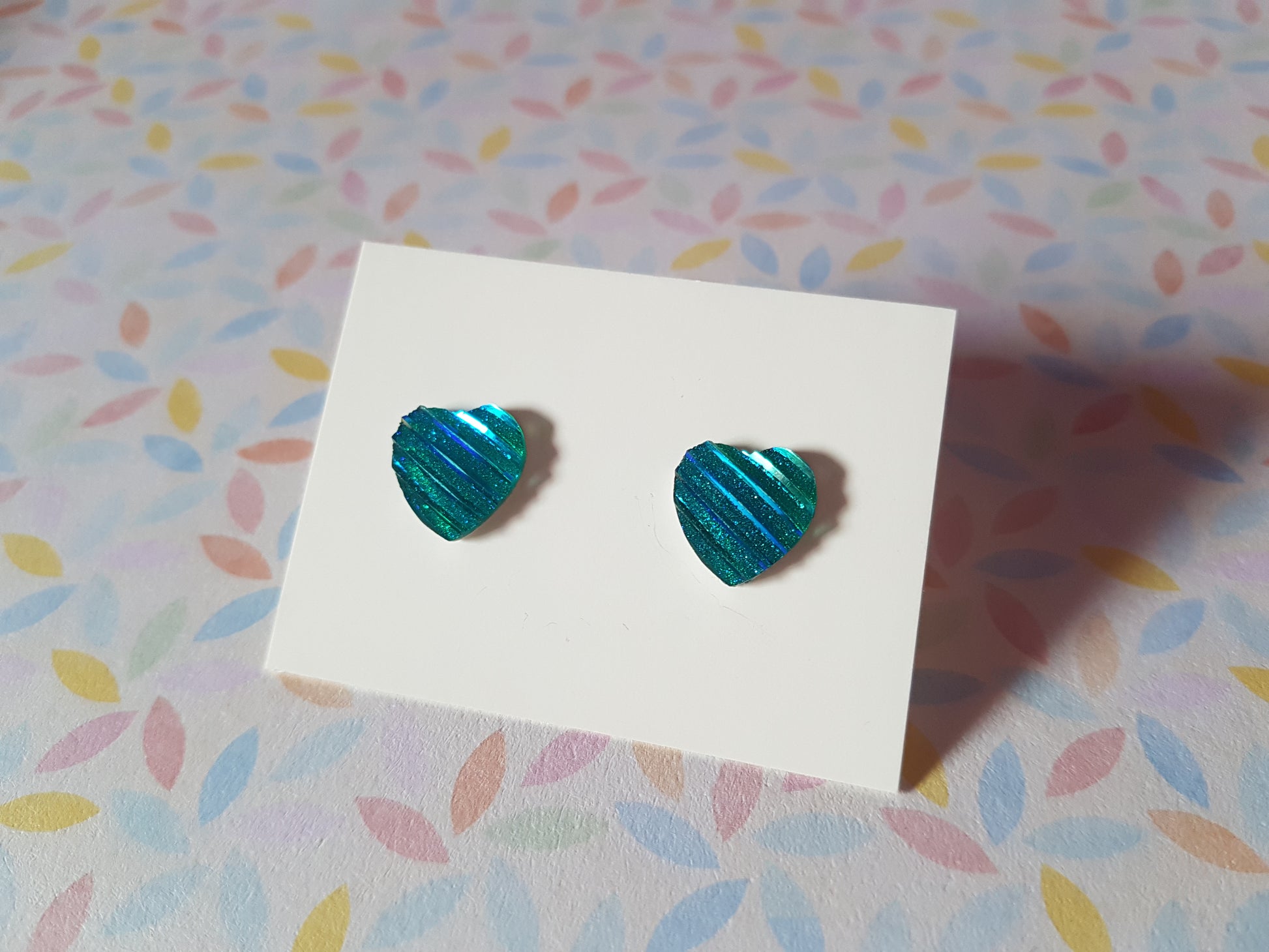 druzy striped stud earrings - heart - teal