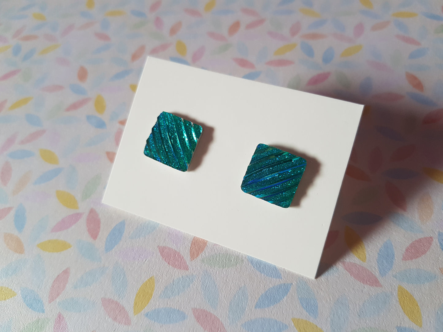 druzy striped stud earrings - square - teal