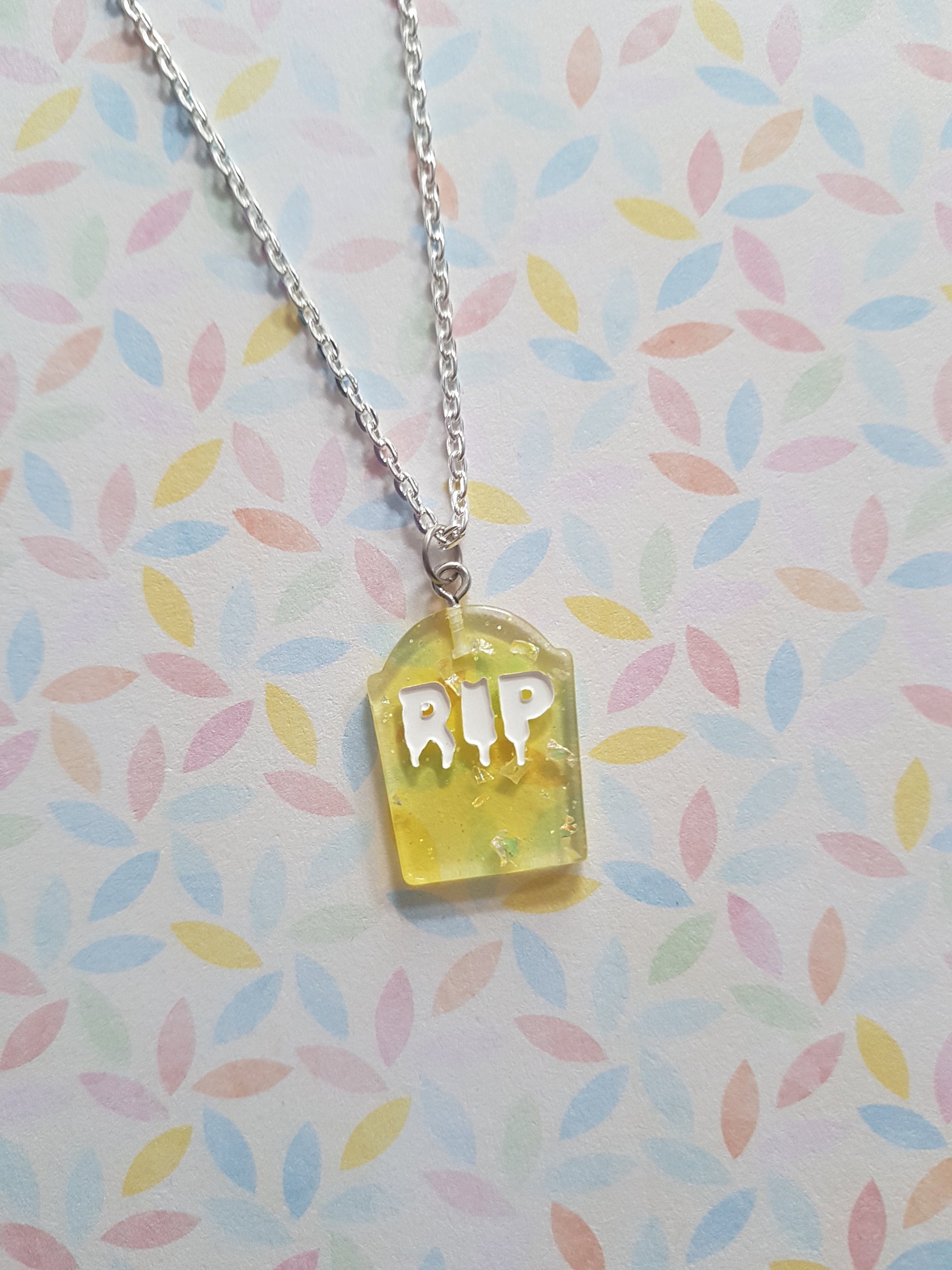 resin gravestone necklace - yellow (foil)